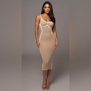 JLUXLABEL Taupe Beige Midi Bodycon Dress with White Trim